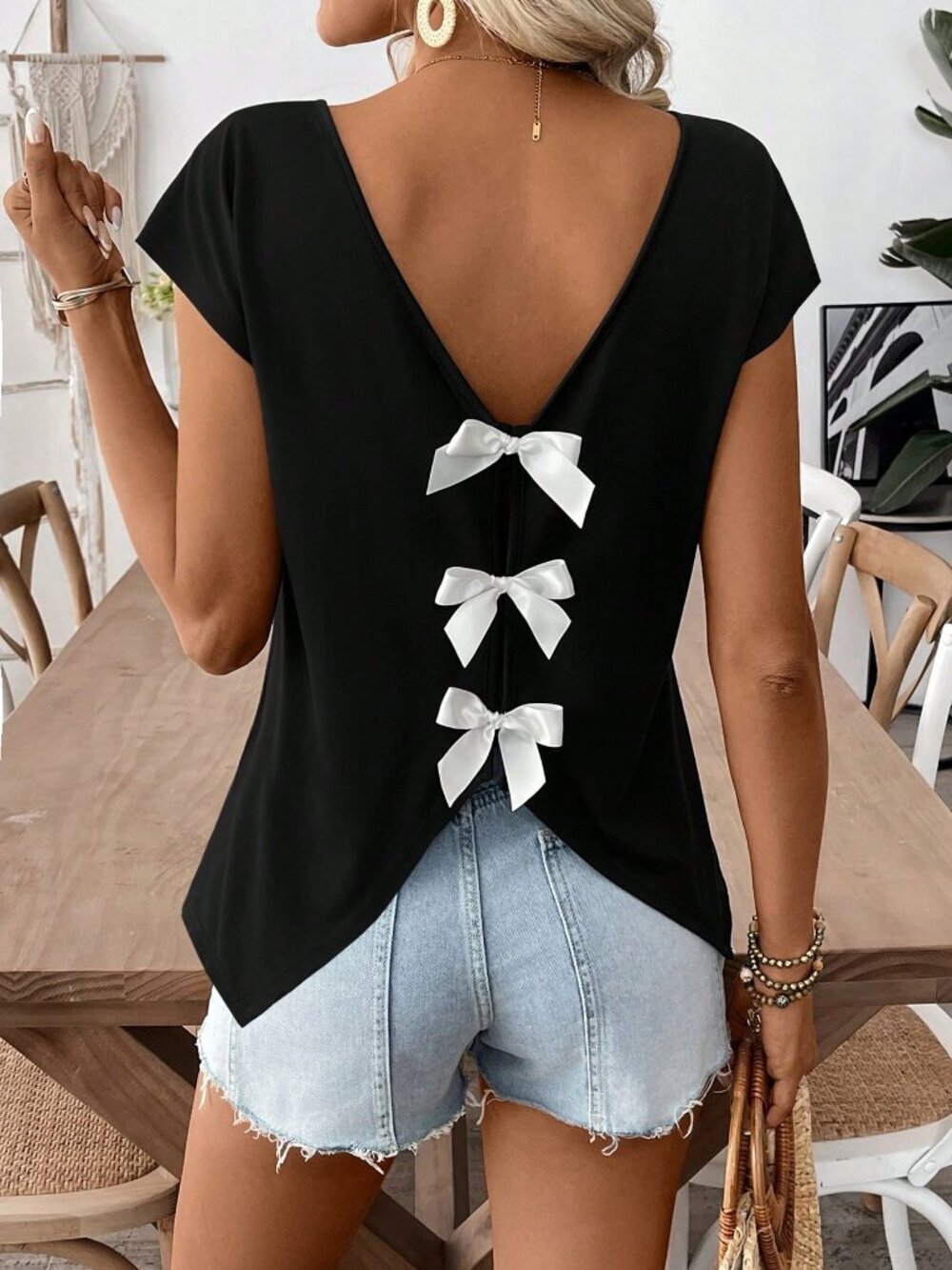 Black Casual Women's Vacation Bow Decor Short Sleeve T-Shirt
